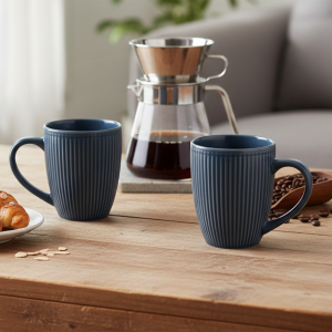 Aegean Blue Stripped Ceramic Coffee Mug (Set of 2)