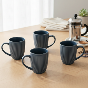 Aegean Blue Stripped Ceramic Coffee Mug (Set of 4)