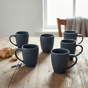 Aegean Blue Stripped Ceramic Coffee Mug (Set of 6)