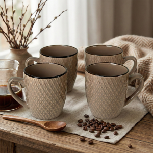 Earthy Brown Patterned Ceramic Coffee Mug (Set of 4)