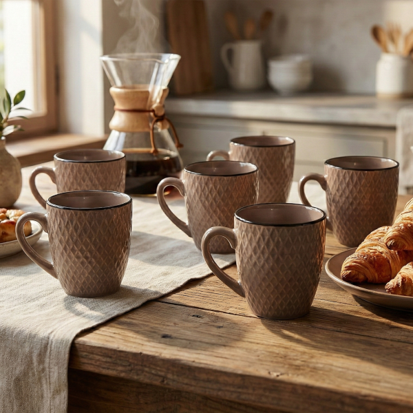 Earthy Brown Patterned Ceramic Coffee Mug (Set of 6)