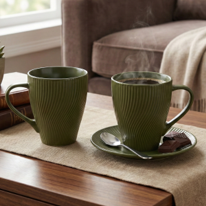 Fern Green Unique New Bone China Coffee Mug (Set of 2)