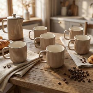 Earthy Ribbed New Bone China Coffee Mug (Set of 6)
