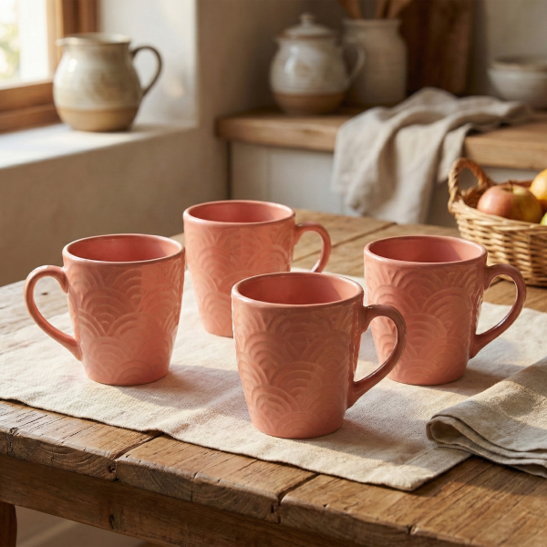 Peachy Coral Pink Ceramic Coffee Mug (Set of 4)