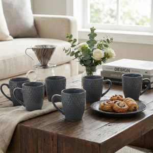 Smoky Slate Blue Patterned Ceramic Coffee Mug (Set of 6)