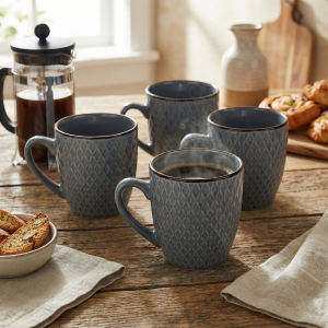 Smoky Slate Blue Patterned Ceramic Coffee Mug (Set of 4)