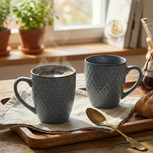 Smoky Slate Blue Patterned Ceramic Coffee Mug (Set of 2)