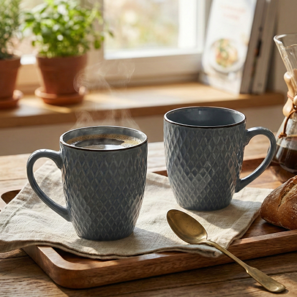Smoky Slate Blue Patterned Ceramic Coffee Mug (Set of 2)