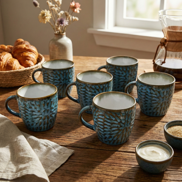 Uranian Blue Mosaic Ceramic Tea Cup (Set of 6)